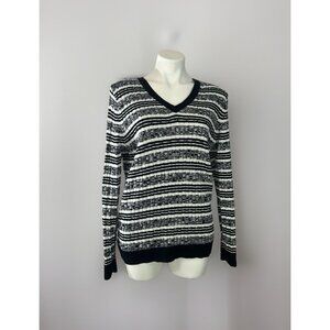 Croft Barrow Women's Size L Pullover Long Sleeve V Neck Knit Sweater Black White